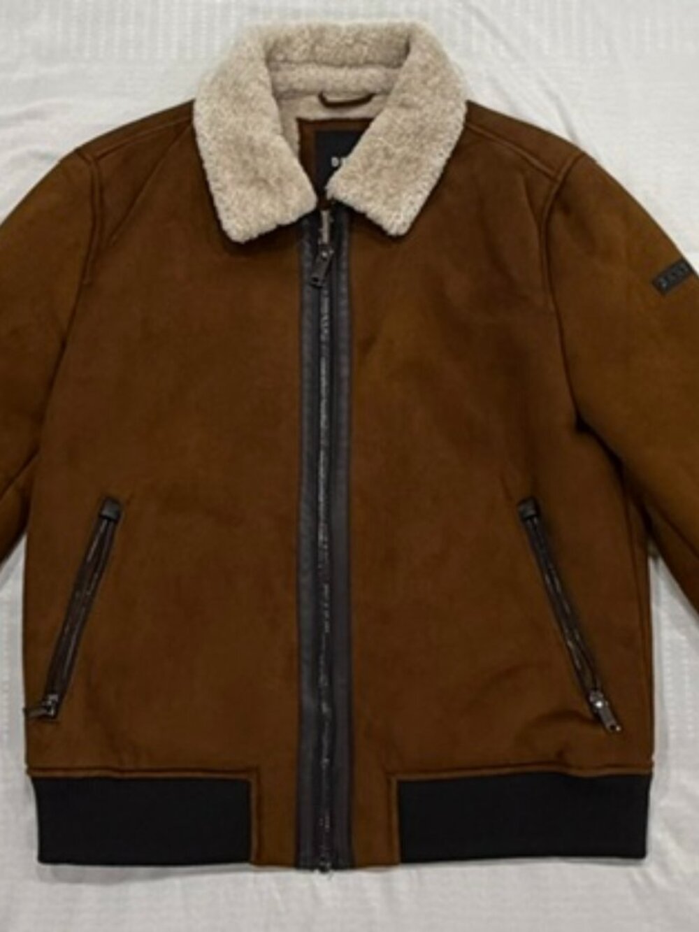 DKNY Men's Faux Shearling Bomber Jacket Brown Size Medium